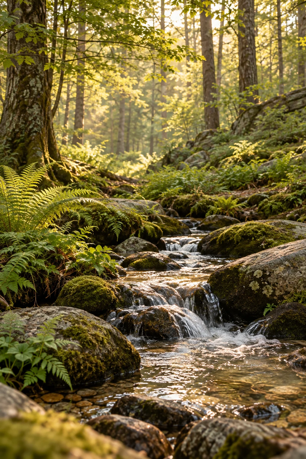 Warm sunlight filters through woodland trees above moss, ferns, and a quiet stream.
